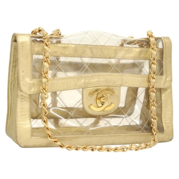 CHANEL Matelasse Chain Shoulder Bag Vinyl Clear Gold CC Auth 124906 - Picture 1 of 16